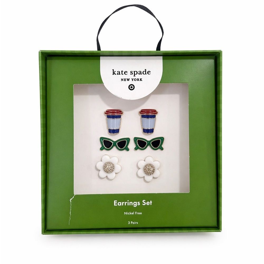 Kate Spade Earrings Set 3 Pairs Coffee Sunglasses Flower Gift Box NWT